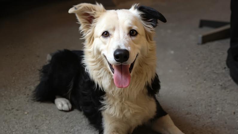 Cachorro da raça Border Collie com pelagem preta e branca deitado em chão de concreto. O cão tem uma orelha ereta e outra caída, língua para fora e olhos de cores diferentes, um castanho e outro azul.