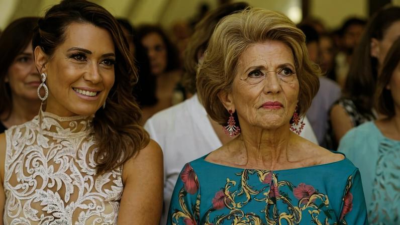 Duas mulheres sentadas lado a lado em ambiente interno com outras pessoas ao fundo. A mulher à esquerda usa vestido branco rendado e brincos longos, sorrindo. A mulher à direita veste vestido azul com detalhes dourados e rosas, com brincos combinando, expressão séria.