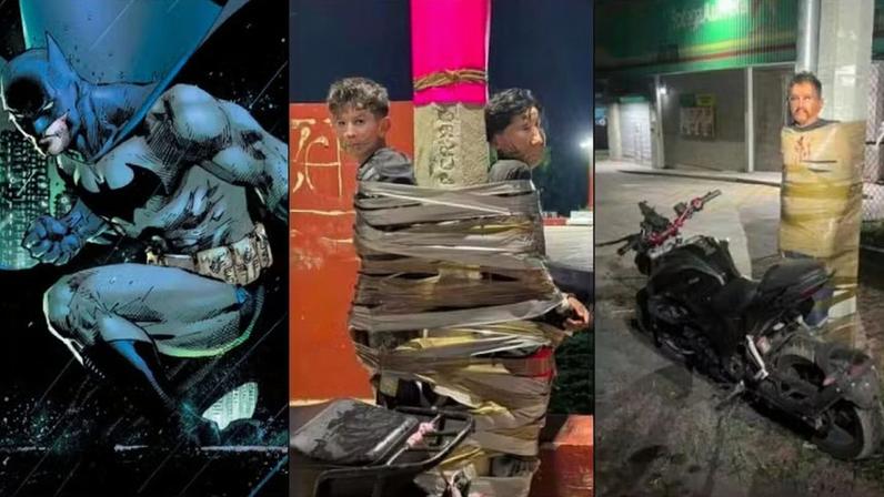 Os indivíduos presos com fita adesiva em postes pelo vigilante apelidado de Batman mexicano — Foto: Reprodução