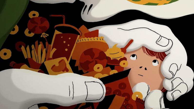 A giant figure, with dollar signs for pupils, cradles a child with one hand and with the other offers sweets and treats.