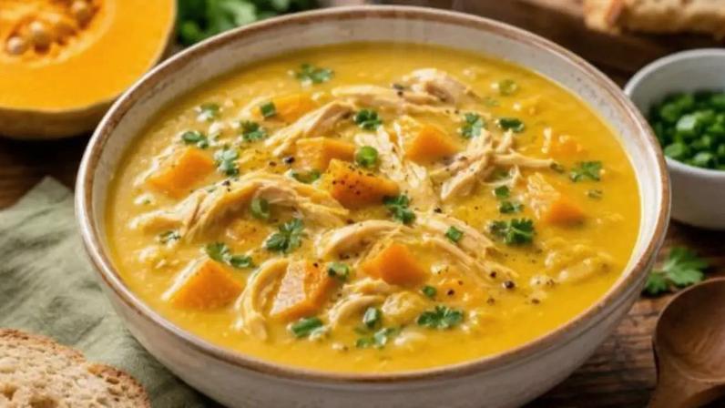 Caldo de abóbora com frango.