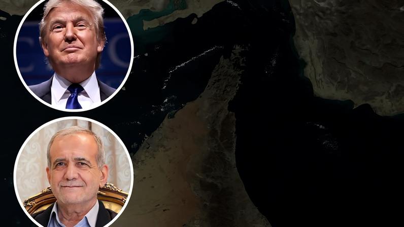 Estreito de Ormuz visto por satélite; em destaque, Masoud Pezeshkian e Donald Trump. (Foto: NASA/Wikimedia Commons)