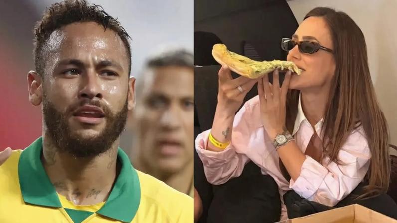 Desejo de grávida? Esposa de Neymar, Bruna Biancardi surge com fatia gigante de pizza e amiga entrega: 'Estava com vontade'.