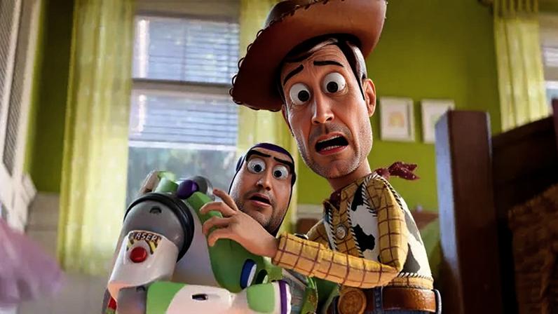Buzz Lightyear (voiced by Tim Allen), left, and Woody (voiced by Tom Hanks) are up against a new toy in Disney and Pixar’s “Toy Story 5.”