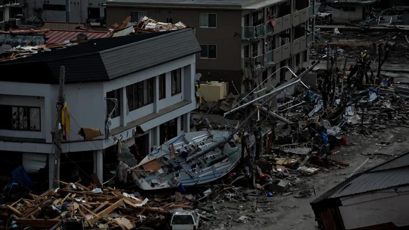 Cenário pós-terremoto com edifícios danificados, um barco virado entre escombros e um carro branco parcialmente soterrado, mostrando a devastação de uma catástrofe natural