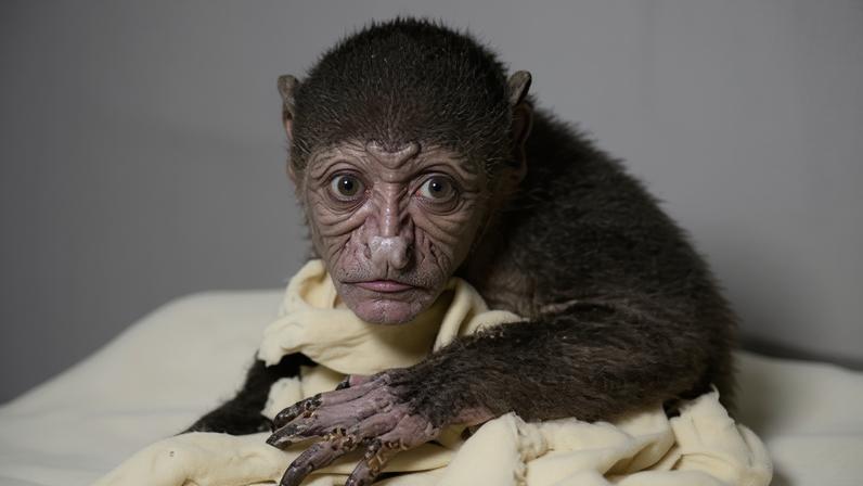 A baby howler monkey treated with burn cream at International Animal Rescue. Thousands of animals a year are electrocuted by power cables in Costa Rica.