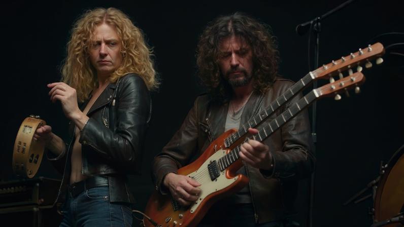 Integrantes do Led Zeppelin nos anos 70, com Robert Plant e Jimmy Page em destaque no palco
