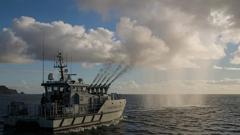 Imagem gerada por Inteligência Artificial mostra um navio lançando partículas de sal em direção à atmosfera para aumentar a refletividade das nuvens.