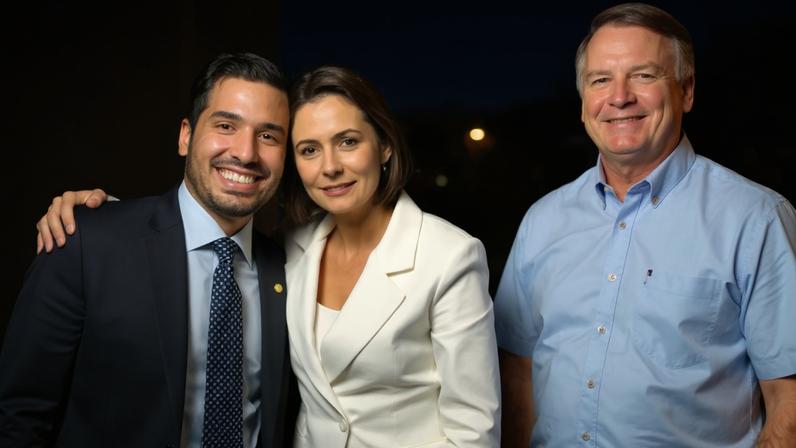 André Fernandes e Michelle Bolsonaro posam em frente a cartaz com foto do ex-presidente