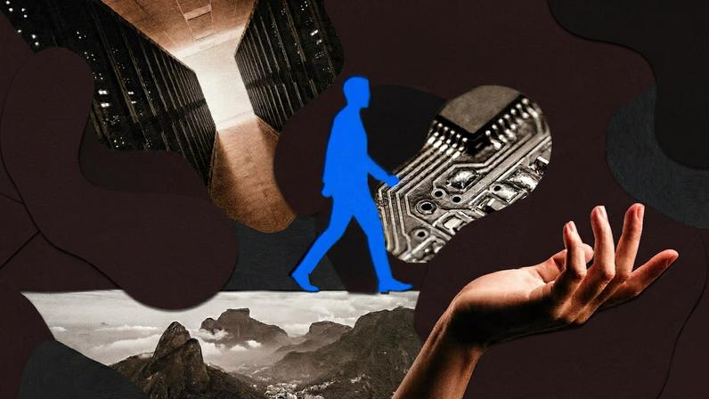 Ilustração em colagem mistura corredores de data center, circuito eletrônico, mão humana e paisagem brasileira em preto e branco sobre fundo verde, com silhueta azul ao centro.