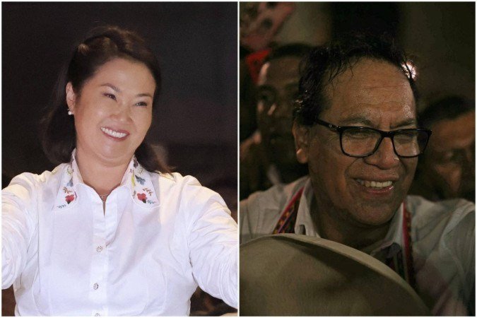 Impulsionada pelos votos nos Estados Unidos e no Japão, Keiko Fujimori, de 51 anos, tem uma vantagem de apenas algumas centenas de votos sobre Sánchez, de 57 anos - (crédito: ANTHONY NINO DE GUZMAN / AFP E ERNESTO BENAVIDES / AFP)