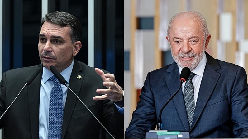 O senador Flávio Bolsonaro (PL), à esquerda; o presidente Luiz Inácio Lula da Silva (PT), à direita