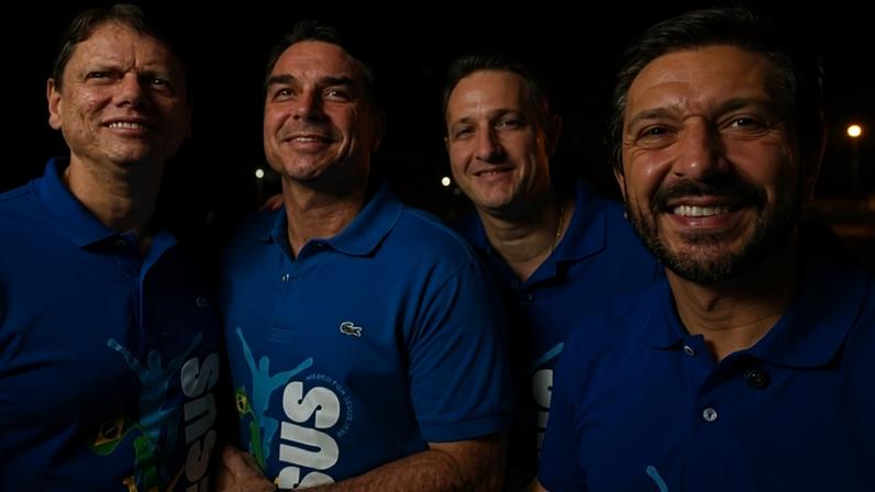 Ato em São Paulo marcou a reaproximação do governador Tarcísio de Freitas e Flávio Bolsonaro, com relações estremecidas após o caso Dark Horse