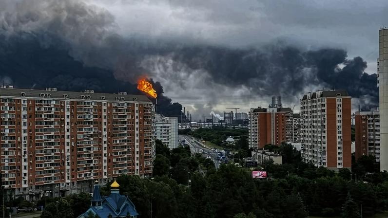 Colunas de fumaça negra sobem ao céu sobre refinaria da Gazprom, na periferia a sudeste de Moscou - (crédito: AFP)