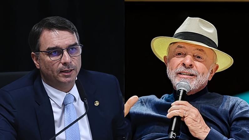 O senador Flávio Bolsonaro (PL), à esquerda; o presidente Luiz Inácio Lula da Silva (PT), à direita