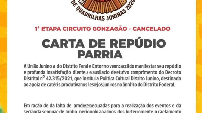 A entidade menciona que a decisão foi tomada pela "ausência de condições adequadas para a realização do evento e da falta de efetivação das políticas públicas previstas pela Política Cultural Distrito Junino". (crédito: Foto: Divulgação/União Junina)