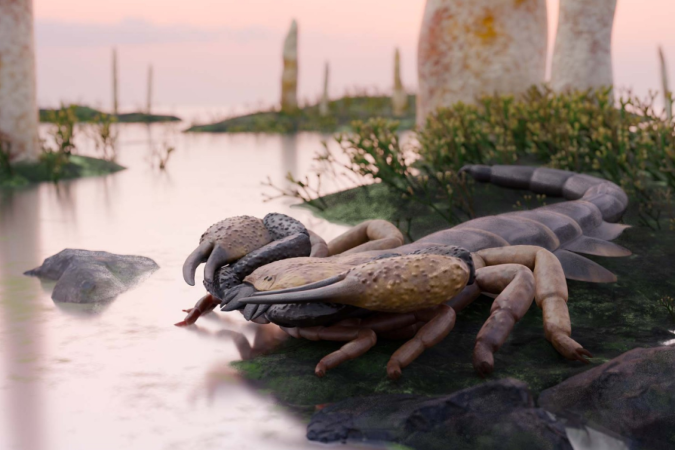 Representação de indivíduo da espécie Eramoscorpius na natureza - (crédito: Franz Anthony)