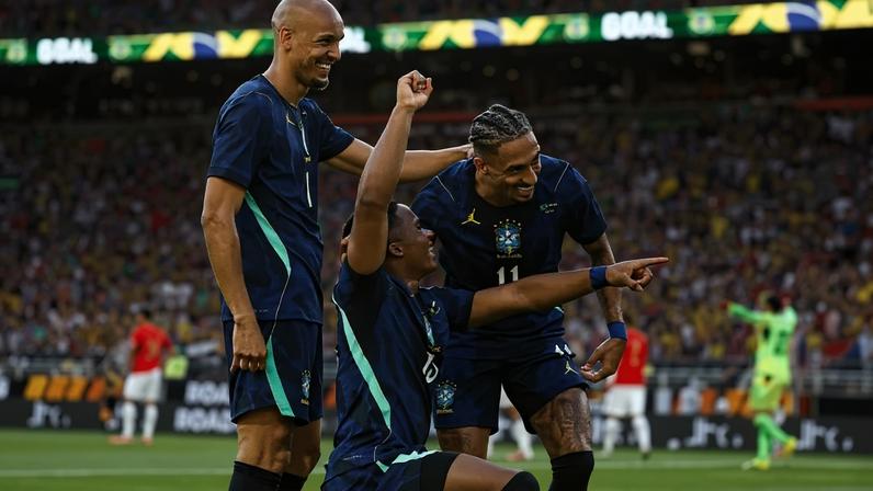 Raphinha (direita) e Fabinho (esquerda) comemoram com Endrick (centro) gol marcado pelo atacante de 19 anos do Real Madrid no amistoso contra Egito, vencido por 2 x 1, no dia 6 de junho de 2026