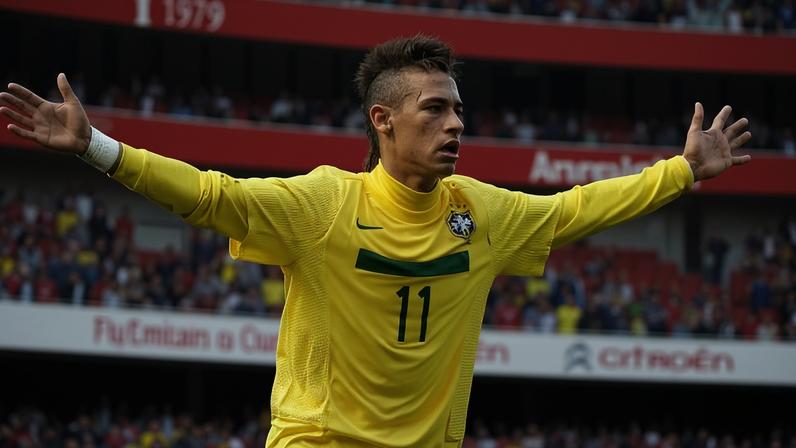 Brazil's Neymar celebrates scoring his goal against Scotland during their International friendly football match at the Emirates Stadium in London, on March 27, 2011 . AFP PHOTO/IAN KINGTON