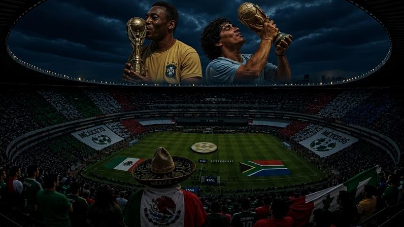 Pelé, Maradona e o Estádio Azteca - (crédito: Imagem gerada por I.A.)