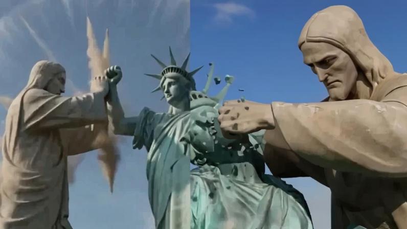 Animação mostra confronto entre o Cristo Redentor e a Estátua da Liberdade após suspensão das negociações de paz - (crédito: Reprodução/Redes Sociais)
