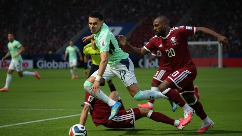 Ruben Vargas, da Suíça, passa por Fathy (20), do Qatar Foto - (crédito: Foto: Alex Grimm/Getty Images)