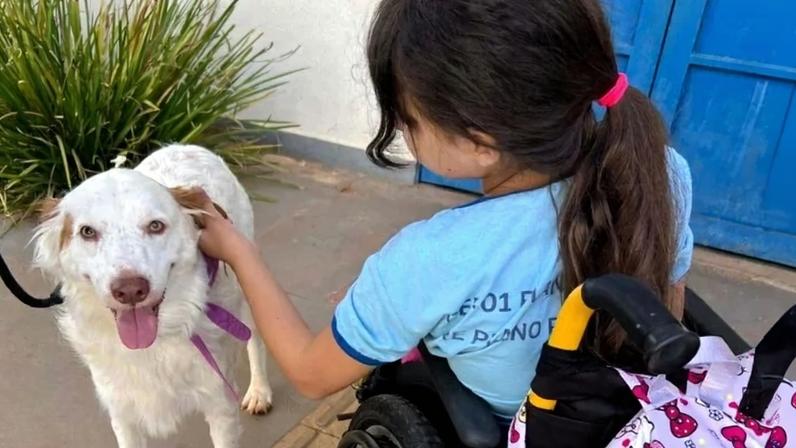 Aluna em interação com o cão Milo na Vila Planalto - (crédito: Material cedido ao Correio)