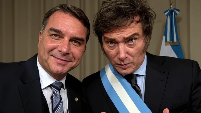 O candidato à Presidência, Flávio Bolsonaro, e o presidente da Argentina, Javier Milei, na Casa Rosada, em Buenos Aires, em 2023