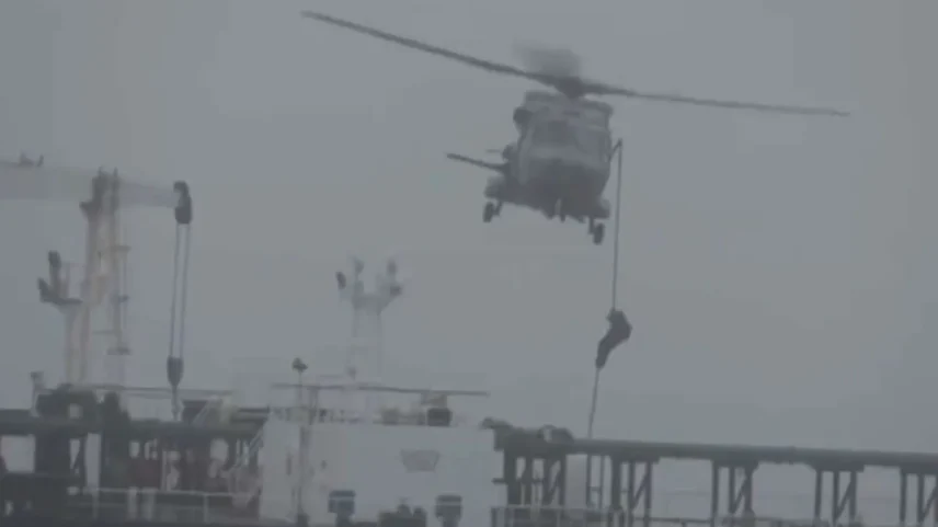 French forces board the Tagor oil tanker in the Atlantic Ocean, in a still from video released on June 1.