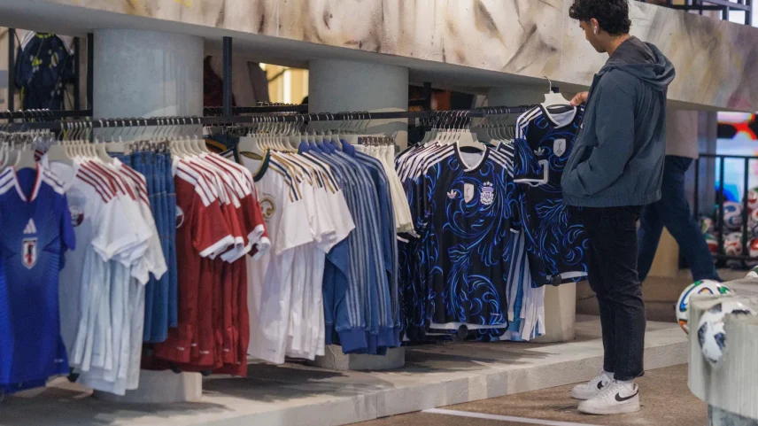 Football jerseys for sale at an Adidas store in London.
