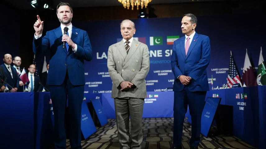 JD Vance, left, Shehbaz Sharif, center and Sheikh Mohammed bin Abdulrahman bin Jassim Al-Thani, in Lake Lucerne, Switzerland, on June 21.