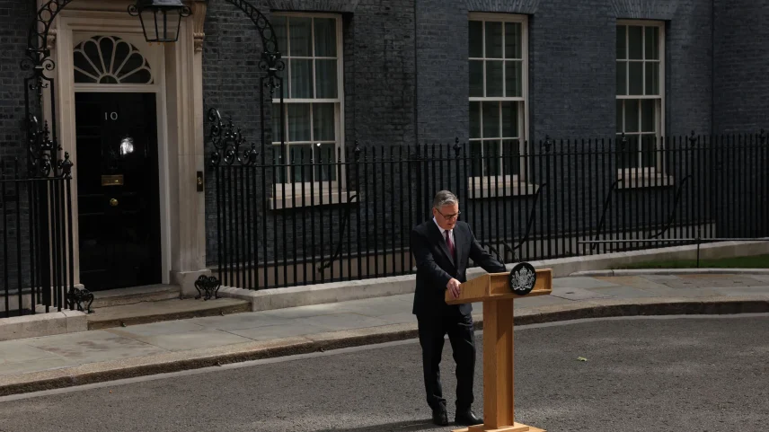 Britain's Prime Minister Keir Starmer announces his resignation outside 10 Downing Street, in London, on June 22.