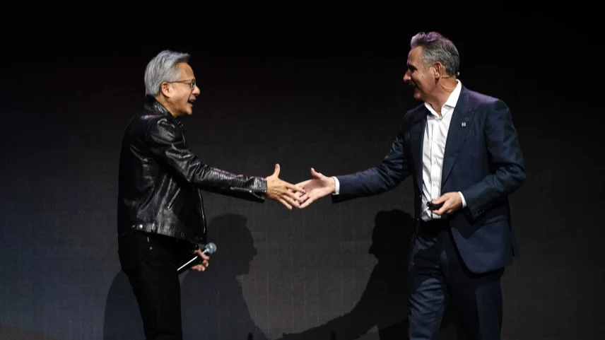 Jensen Huang, left, and Marvell Technology CEO Matt Murphy in Taipei, on June 2.