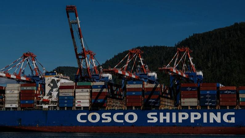 A container ship at the Fairview Container Terminal in the Port of Prince Rupert in Prince Rupert, British Columbia, Canada, on Tuesday, July 15, 2025. The Port of Prince Rupert is the closest North American West Coast port to Asia and has the deepest natural harbor in North America.