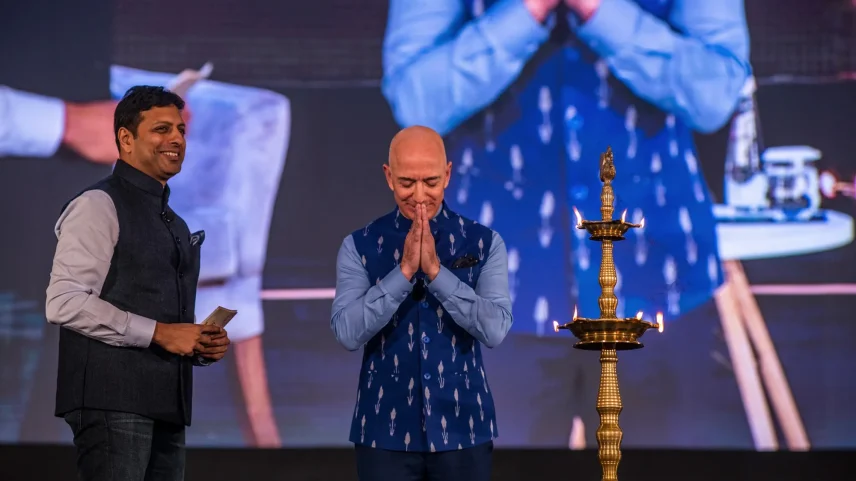 Jeff Bezos with executive Amit Agarwal at an Amazon event in 2020. Today, the company’s India land grab is essentially over.