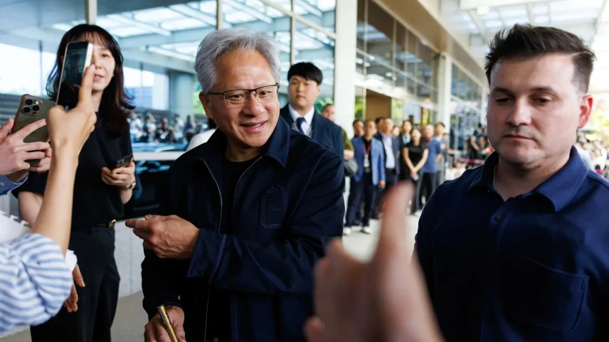 Jensen Huang arrives at Gimpo International Airport in Seoul on June 5.