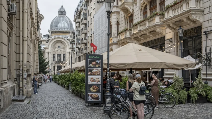 Cyclists in the Old Town of Bucharest, Romania.