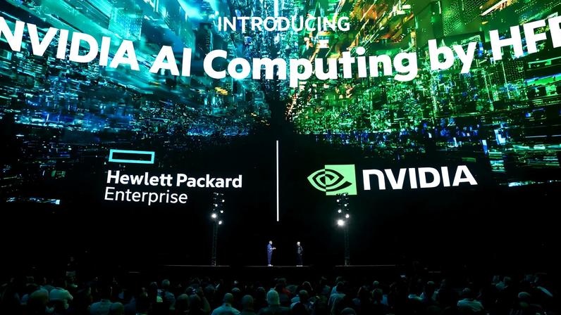 Hewlett Packard Enterprise CEO Antonio Neri, left, and Jensen Huang of Nvidia Corp. during a keynote address at the Sphere in Las Vegas.