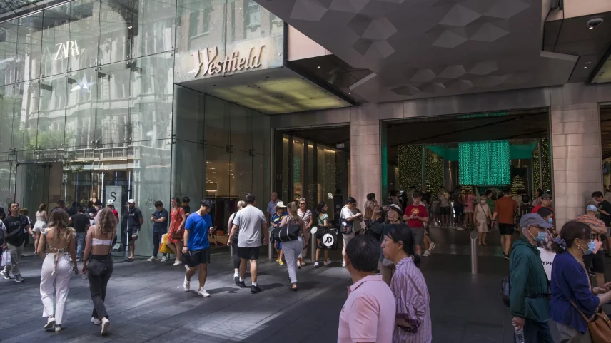 Pedestrians outside the Westfield shopping mall at Pitt Street Mall in Sydney, New South Wales, Australia.