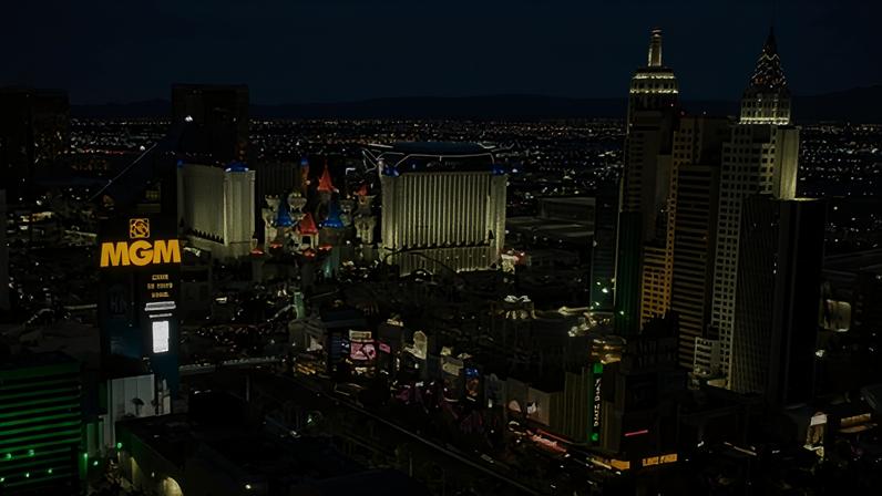 Aerial view of the south Las Vegas Strip, including the MGM Grand, Excalibur and New York-New York casinos, at sunset on 12 January 2022.