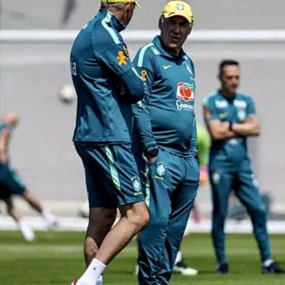 Seleção realiza treino leve com trote a Ancelotti e presença ilustre