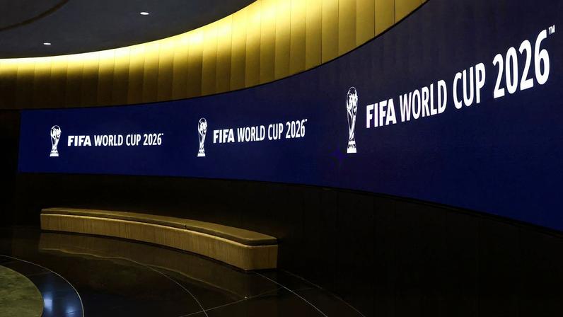 Jun 16, 2022; New York, New York, USA; A general view of a hallway showing the FIFA World Cup 2026 logo leading to the FIFA World Cup Announcement room. Mandatory Credit: Jessica Alcheh-USA TODAY Sports