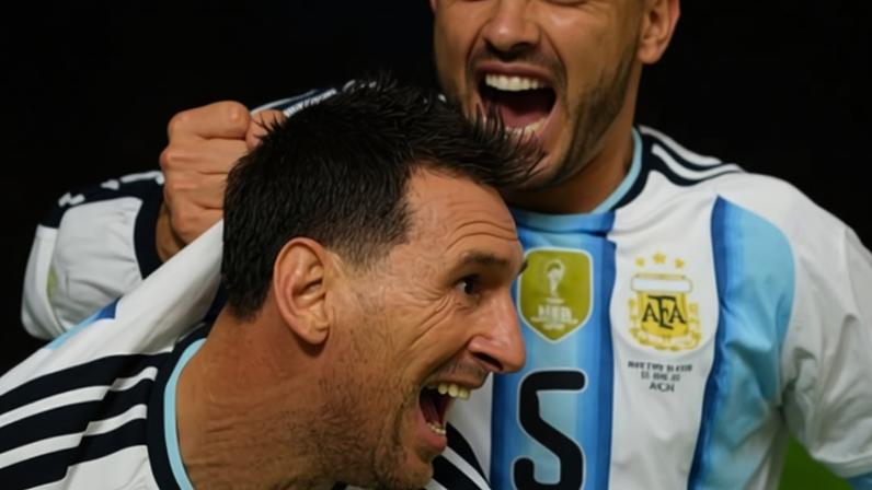 Lionel Messi celebrates with Leandro Paredes