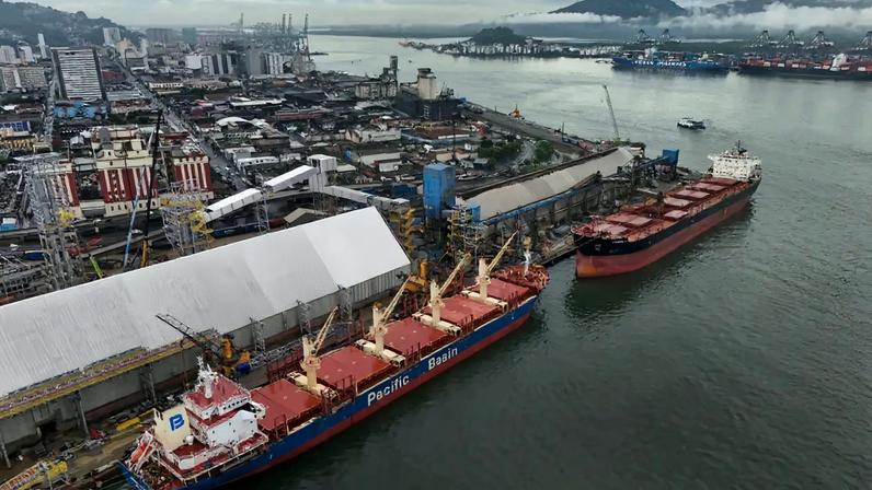 Imagem de drone mostra local de construção do terminal STS11 da Cofco para armazenamento e exportação de soja em Santos, São Paulo 31/01/2025. REUTERS/Roosevelt Cassio