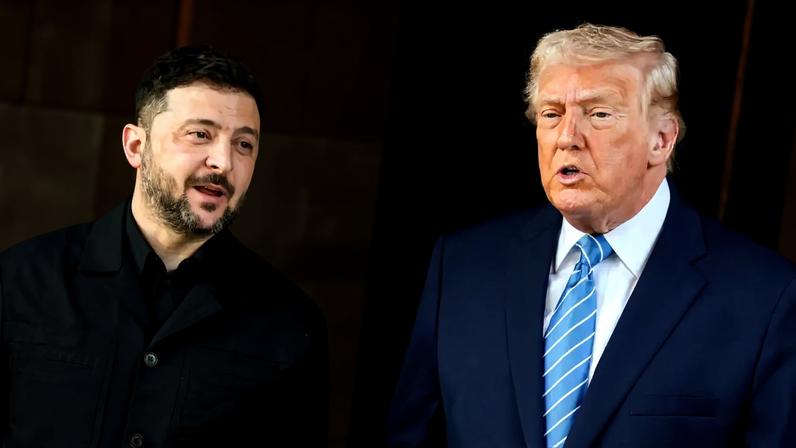 O presidente dos EUA, Donald Trump, e o presidente ucraniano, Volodymyr Zelenskiy, respondem a perguntas da imprensa enquanto Zelenskiy chega para reuniões no clube Mar-a-Lago de Trump em Palm Beach, Flórida, EUA, em 28 de dezembro de 2025. REUTERS/Jonathan Ernst
