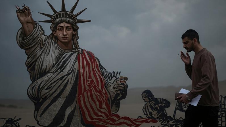 Um homem caminha ao lado de um mural que retrata uma Estátua da Liberdade danificada, em uma rua de Teerã, Irã , em 26 de fevereiro de 2026