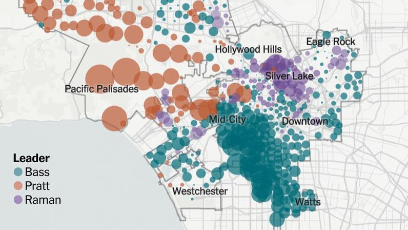 Map of Los Angeles precincts showing candidate support