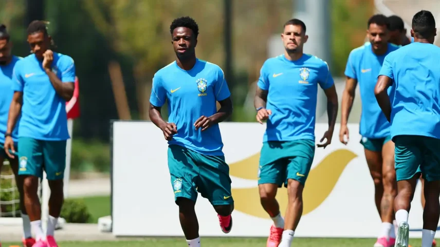 Soccer Football - FIFA World Cup 2026 - Brazil Training - Columbia Park Training Facility, Morristown, New Jersey, U.S. - June 12, 2026 Brazil's Vinicius Junior and teammates during training IMAGN IMAGES via Reuters/Caean Couto