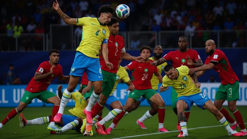 Soccer Football - FIFA World Cup 2026 - Group C - Brazil v Morocco - New York/New Jersey Stadium, East Rutherford, New Jersey, U.S. - June 13, 2026 Brazil's Marquinhos in action with Morocco's Achraf Hakimi REUTERS/John Sibley