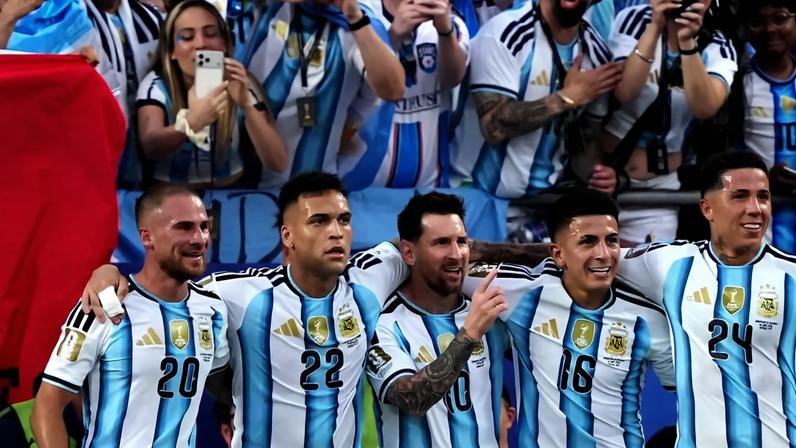 Argentina's Lionel Messi celebrates scoring their first goal with Alexis Mac Allister, Lautaro Martinez, Thiago Almada and Enzo Fernandez IMAGN IMAGES via Reuters/Jay Biggerstaff